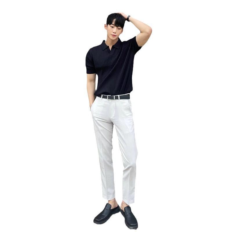 Summer Stripes Short Sleeve POLO Shan Men's Korean Slim Fit Lapel Solid Color Casual Thin Half Sleeve Trend Knitting Top - Hipster Collections