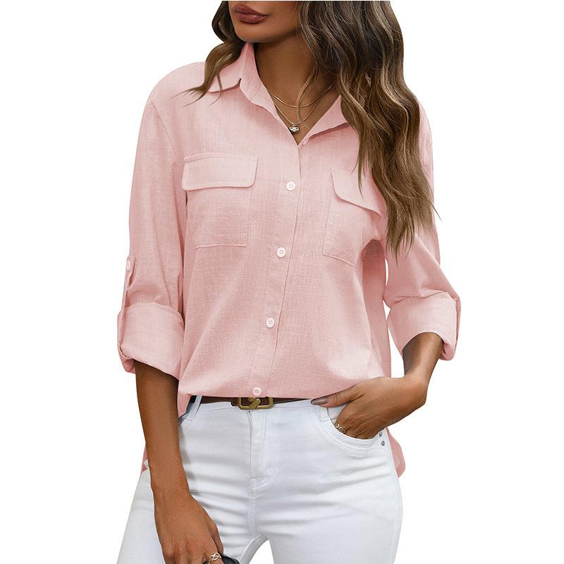 European And American Style Women Button Loose Shirt Solid Color Casual - Hipster Collections