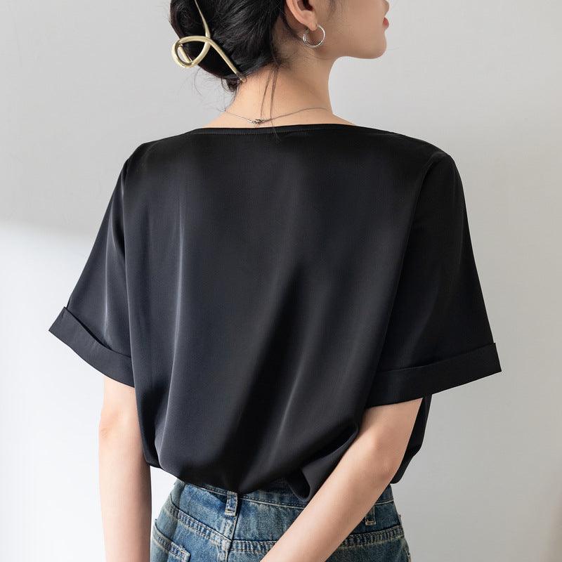 French Sexy V-neck Short-sleeved Shirt Women's Design Niche Temperament Drape Chiffon Shirt - Hipster Collections