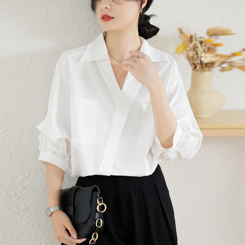 French Style Three-quarter Sleeve Loose Thin Lapel Shirt - Hipster Collections