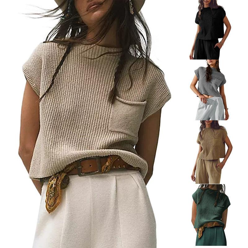 Women's Knitted Sleeveless Pocket Casual Rib Pullover Vest - Hipster Collections