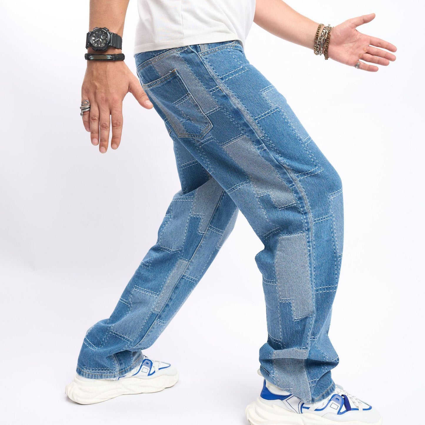 Brand Patch Stitch Elastic Jeans Men's - Hipster Collections