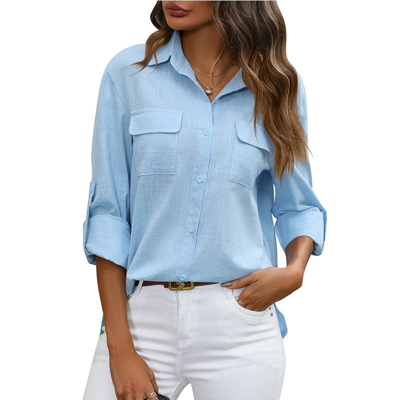 European And American Style Women Button Loose Shirt Solid Color Casual - Hipster Collections