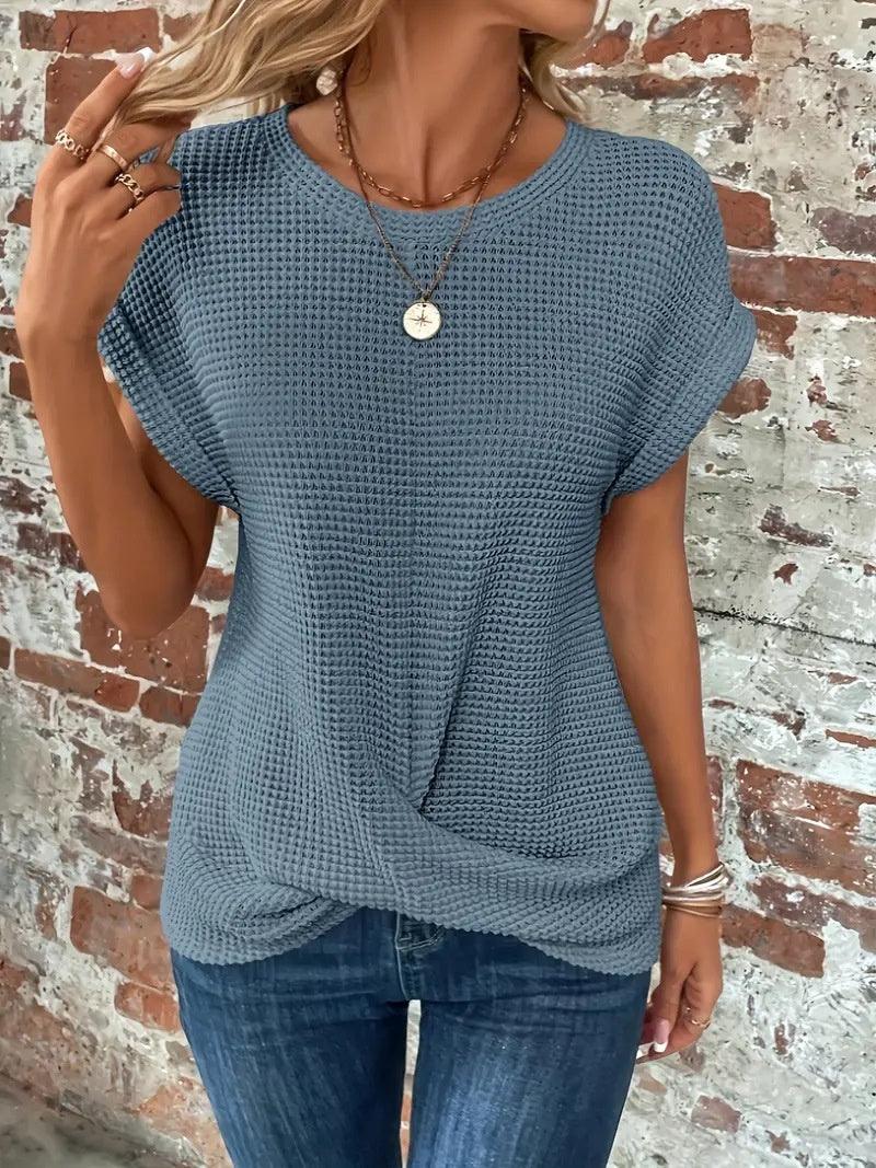 Short-sleeved Waffle T-shirt Summer New Solid Color Crew Neck Top For Womens Clothing - Hipster Collections