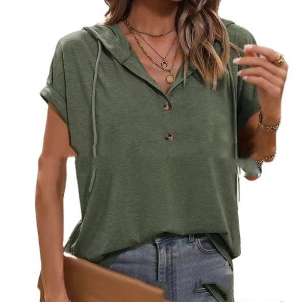 Knitted Solid Color And V-neck Hooded Drawstring Short Sleeve - Hipster Collections