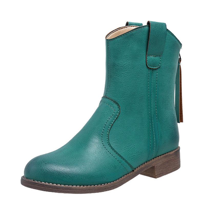 Women's Fashion Retro Low Heel Back Zipper Leather Boots - Hipster Collections