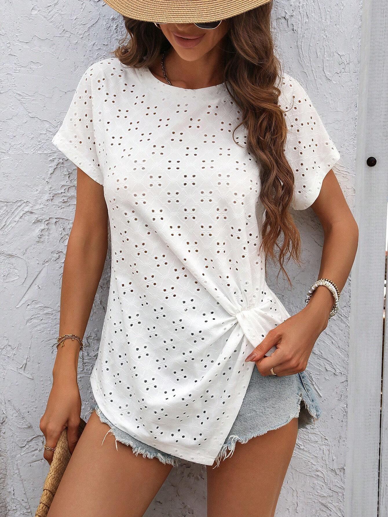 Fashion Casual Women's Solid Color Fresh Jacquard Pleated Round Neck T-shirt - Hipster Collections