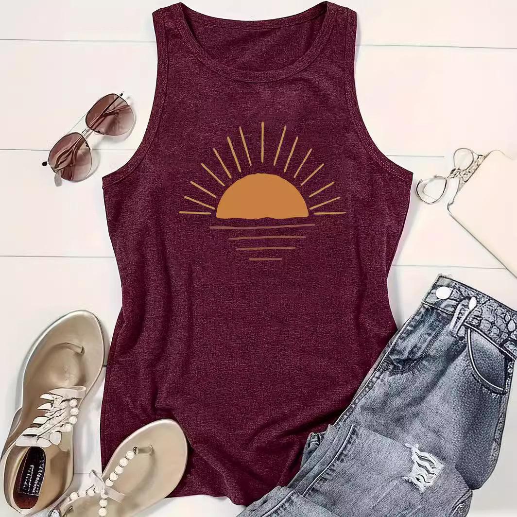 Sunrise Printed Round Neck Vest Spring And Summer Casual Sleeveless - Hipster Collections