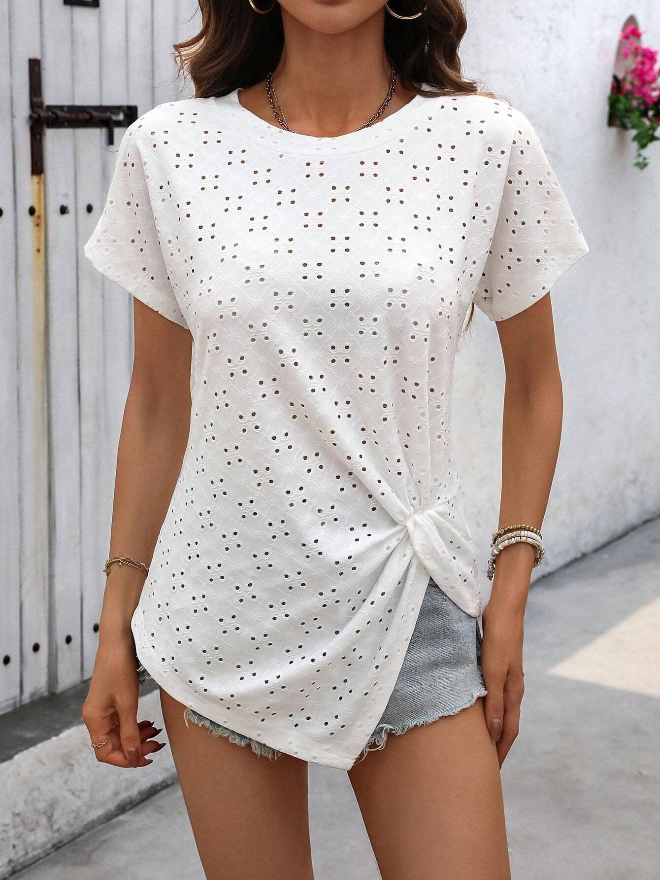 Fashion Casual Women's Solid Color Fresh Jacquard Pleated Round Neck T-shirt - Hipster Collections