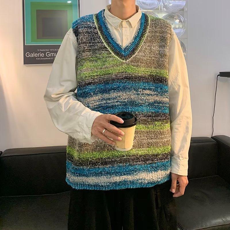 Men's Gradient Knitted Loose V-neck Sleeveless Sweater Vest - Hipster Collections