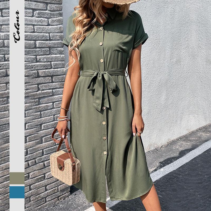 Short Sleeve Long Dress With Button & Pocket - Hipster Collections