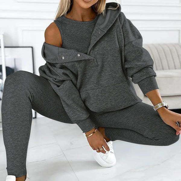 Women's Loose Hooded Pockets Sweatshirt and Vest and Slim Trousers - Hipster Collections