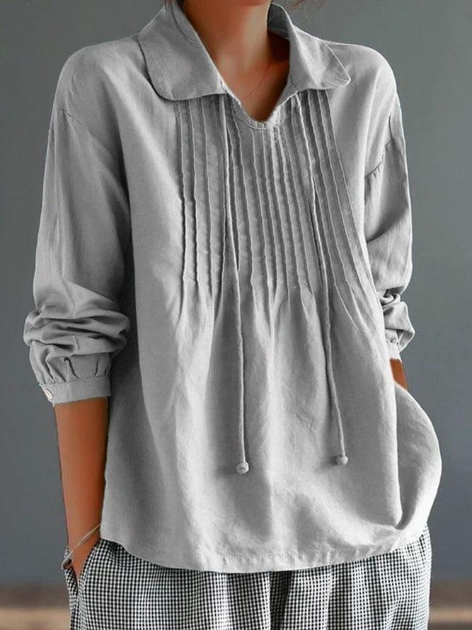 Loose Cotton And Linen Long Sleeve Women's Pleated Lapel Shirt - Hipster Collections