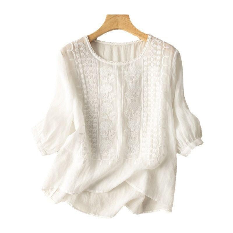 Embroidered Loose Artistic Vintage Cotton And Linen T-shirt - Hipster Collections