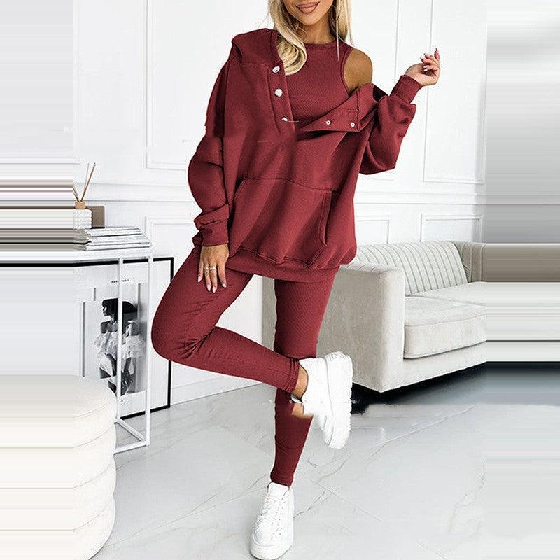Women's Loose Hooded Pockets Sweatshirt and Vest and Slim Trousers - Hipster Collections