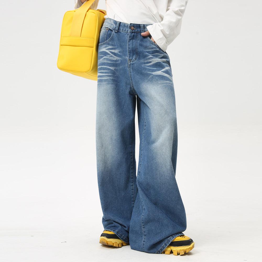 Maychao Washed Crease Vintage Draping Wide Leg Jeans - Hipster Collections