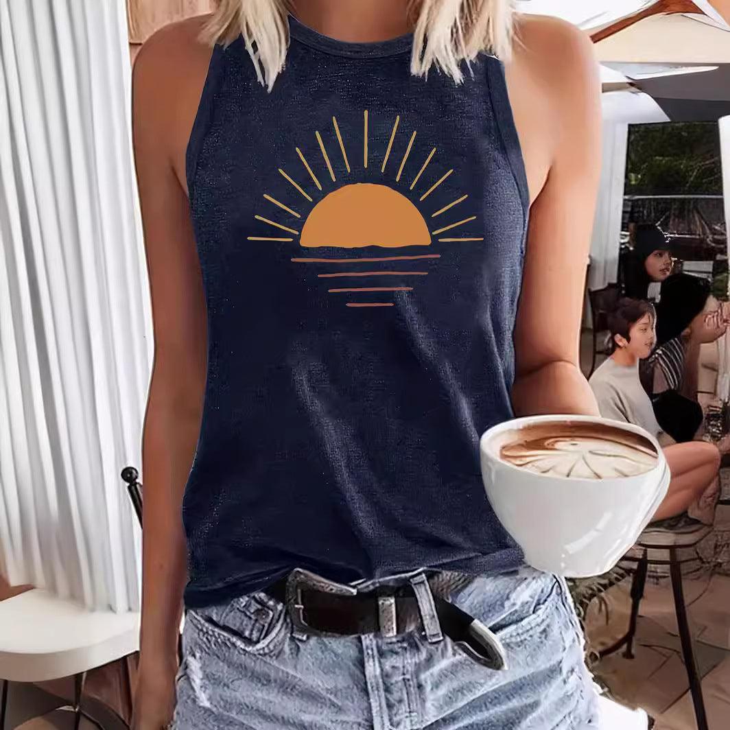 Sunrise Printed Round Neck Vest Spring And Summer Casual Sleeveless - Hipster Collections