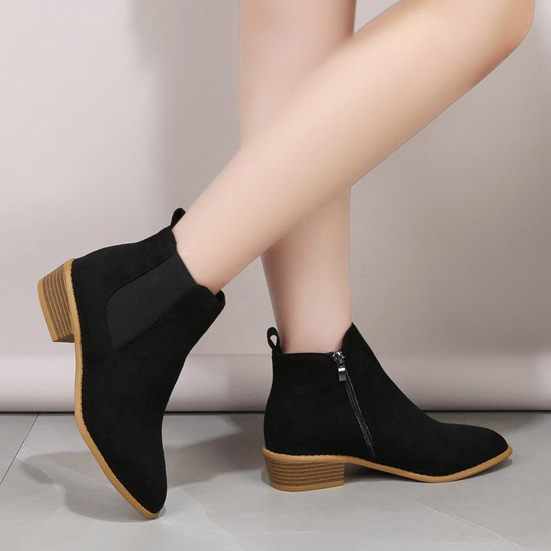 British Solid Color Suede Pointed Square Heel Martin Boots - Hipster Collections