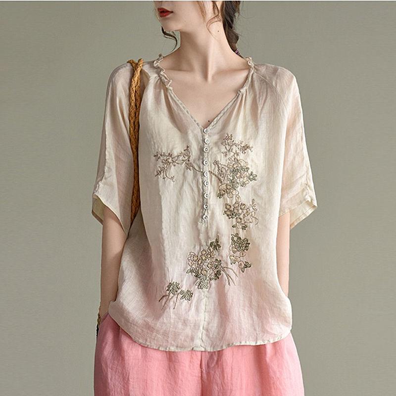 Summer Artistic Wooden Ear Embroidered Shirt Top - Hipster Collections