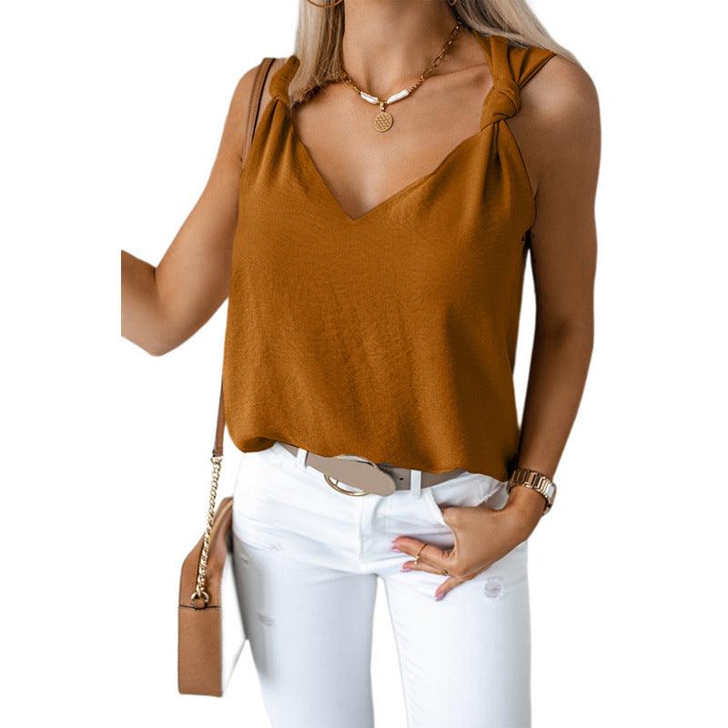 Summer V-neck Knotted Shoulder Strap Top Sleeveless Vest - Hipster Collections