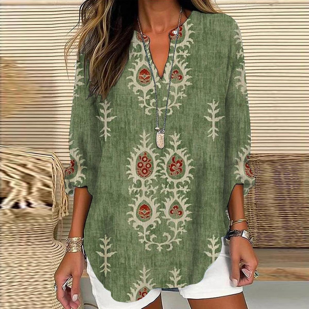 Small V-neck Long Sleeve Independence Day Floral Simple Casual Elegant T-shirt Long Sleeve - Hipster Collections