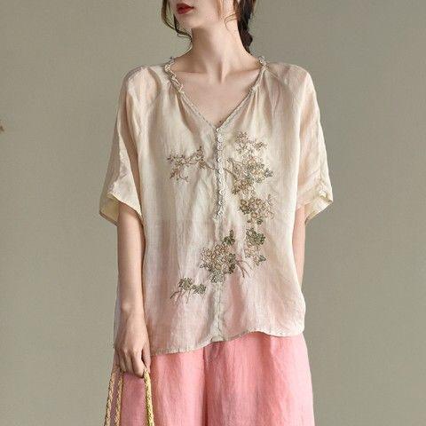 Summer Artistic Wooden Ear Embroidered Shirt Top - Hipster Collections