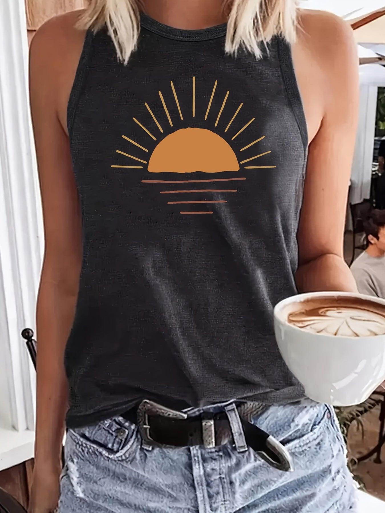 Sunrise Printed Round Neck Vest Spring And Summer Casual Sleeveless - Hipster Collections