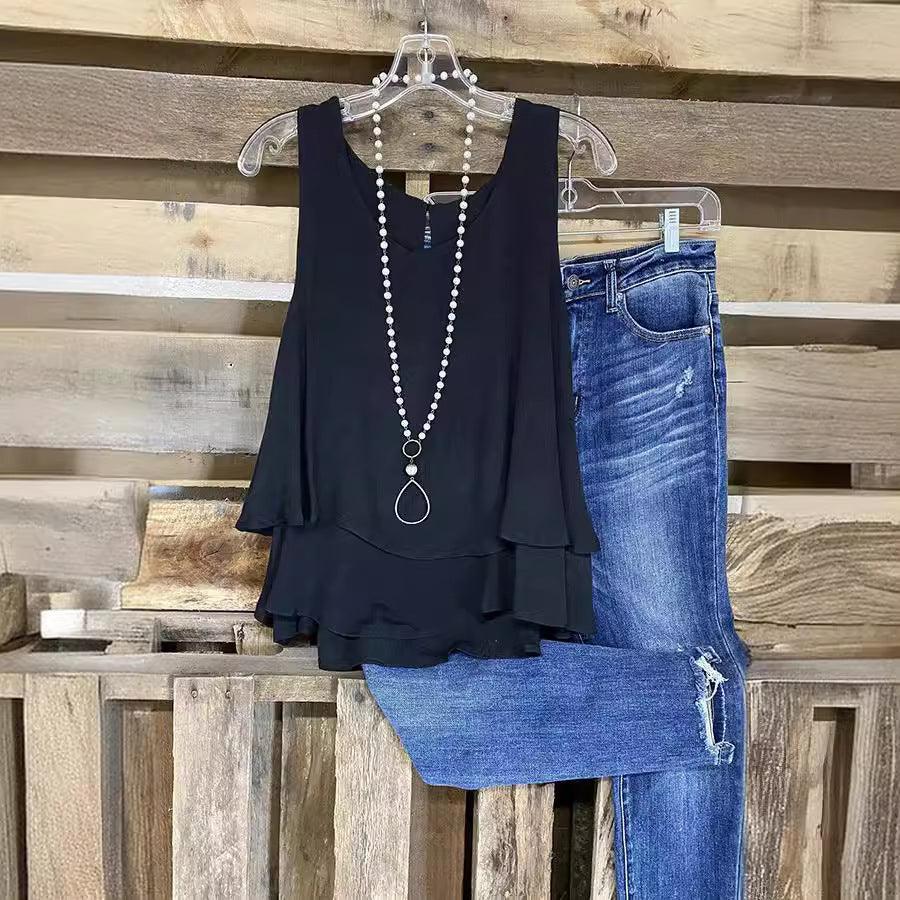 Women's Casual Vest Fake Two-piece Double-layer Cotton And Linen Sleeveless T-shirt - Hipster Collections