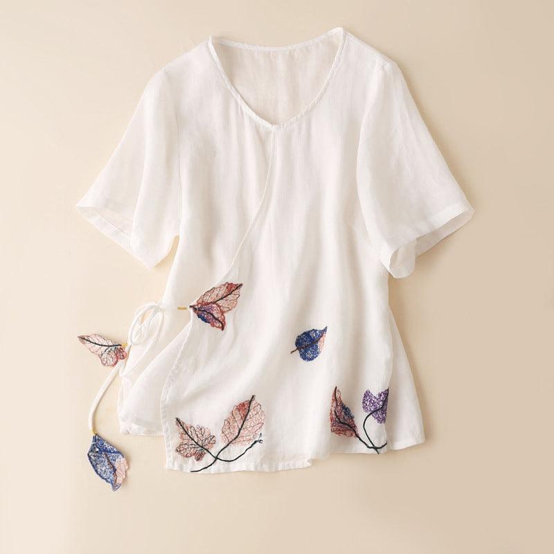 Retro Artistic Ramie Top Embroidery Tie-neck Loose Slimming Diagonal - Hipster Collections