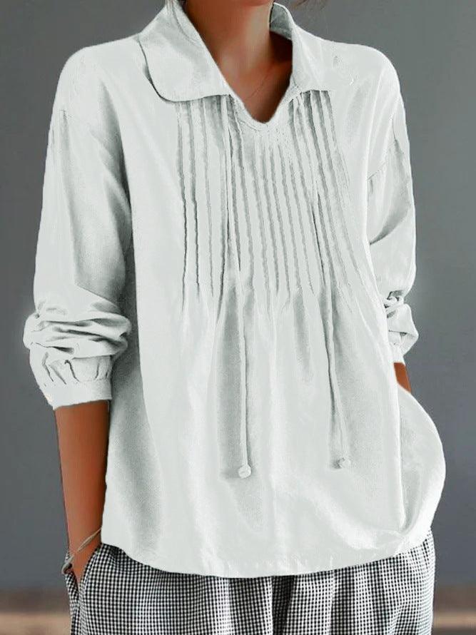 Loose Cotton And Linen Long Sleeve Women's Pleated Lapel Shirt - Hipster Collections