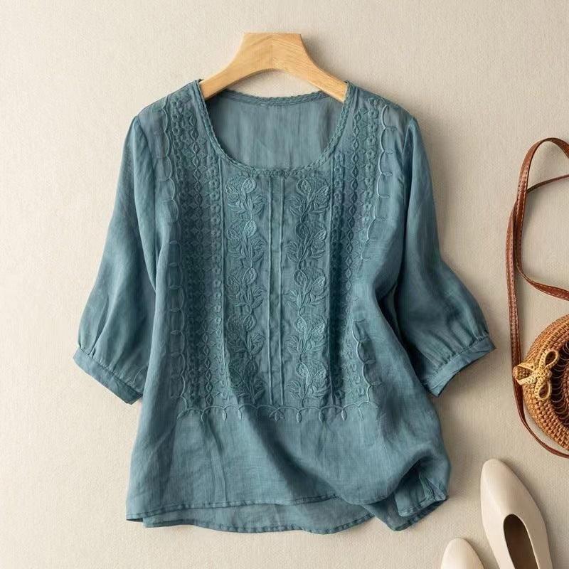 Embroidered Loose Artistic Vintage Cotton And Linen T-shirt - Hipster Collections