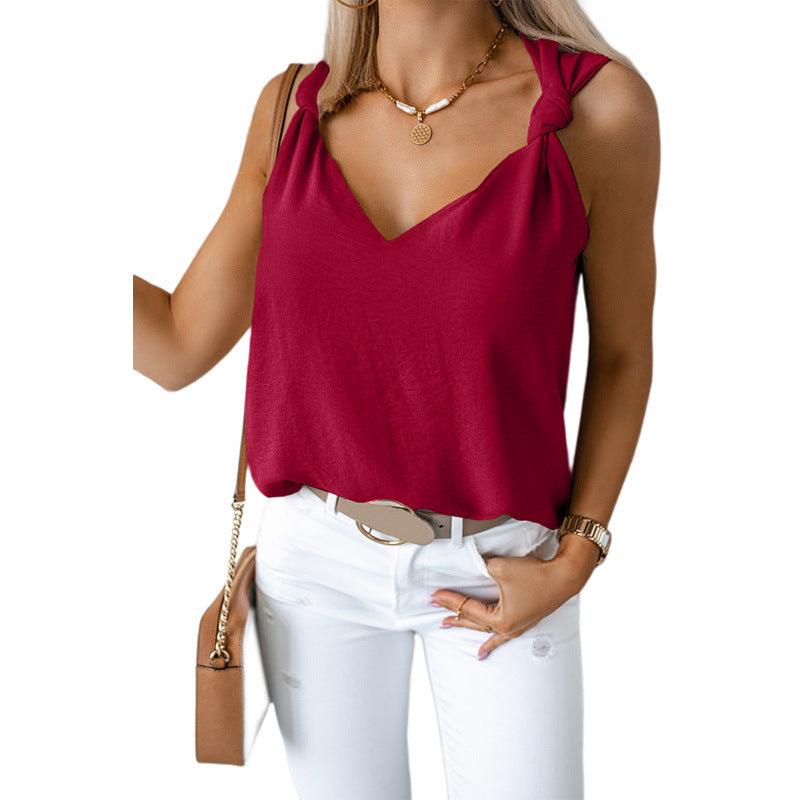Summer V-neck Knotted Shoulder Strap Top Sleeveless Vest - Hipster Collections