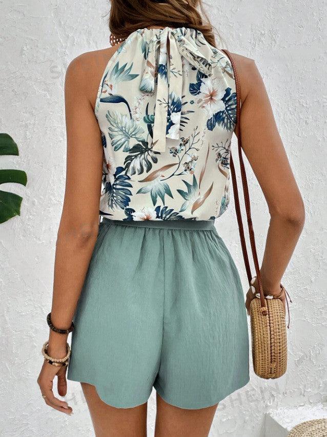 Women's Fashion Tie Printed Sleeveless Suit - Hipster Collections