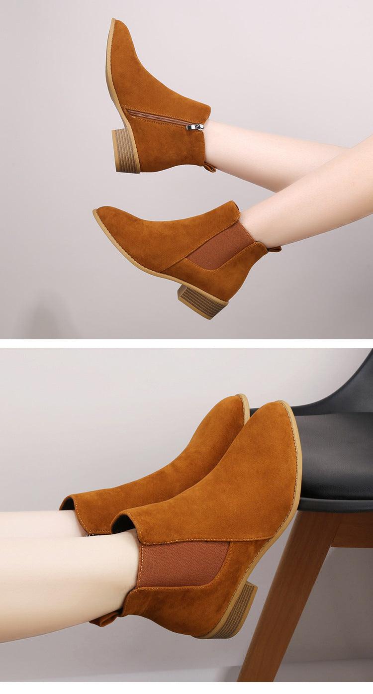 British Solid Color Suede Pointed Square Heel Martin Boots - Hipster Collections