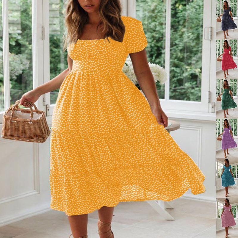 Square Collar Short Sleeve Long Dress - Hipster Collections