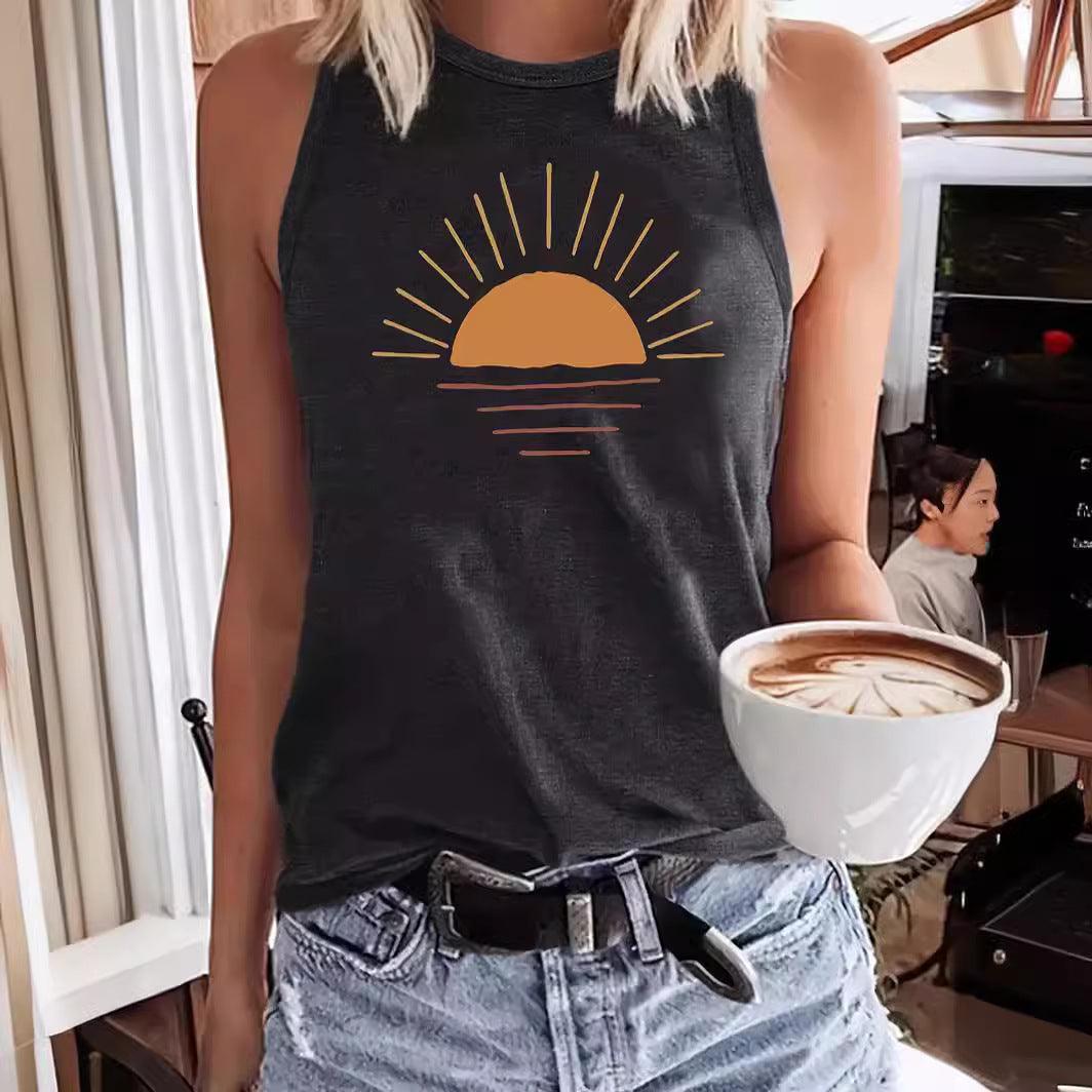 Sunrise Printed Round Neck Vest Spring And Summer Casual Sleeveless - Hipster Collections