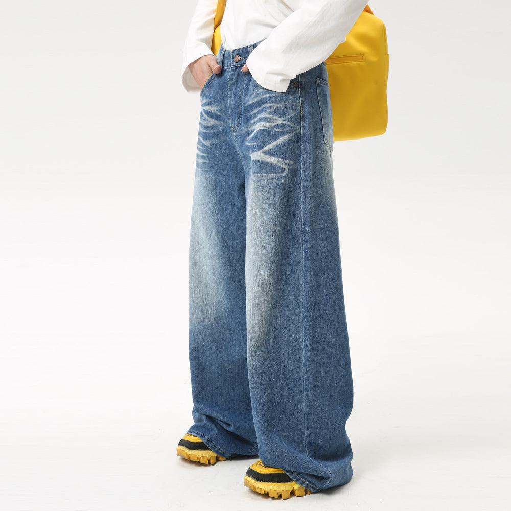 Maychao Washed Crease Vintage Draping Wide Leg Jeans - Hipster Collections