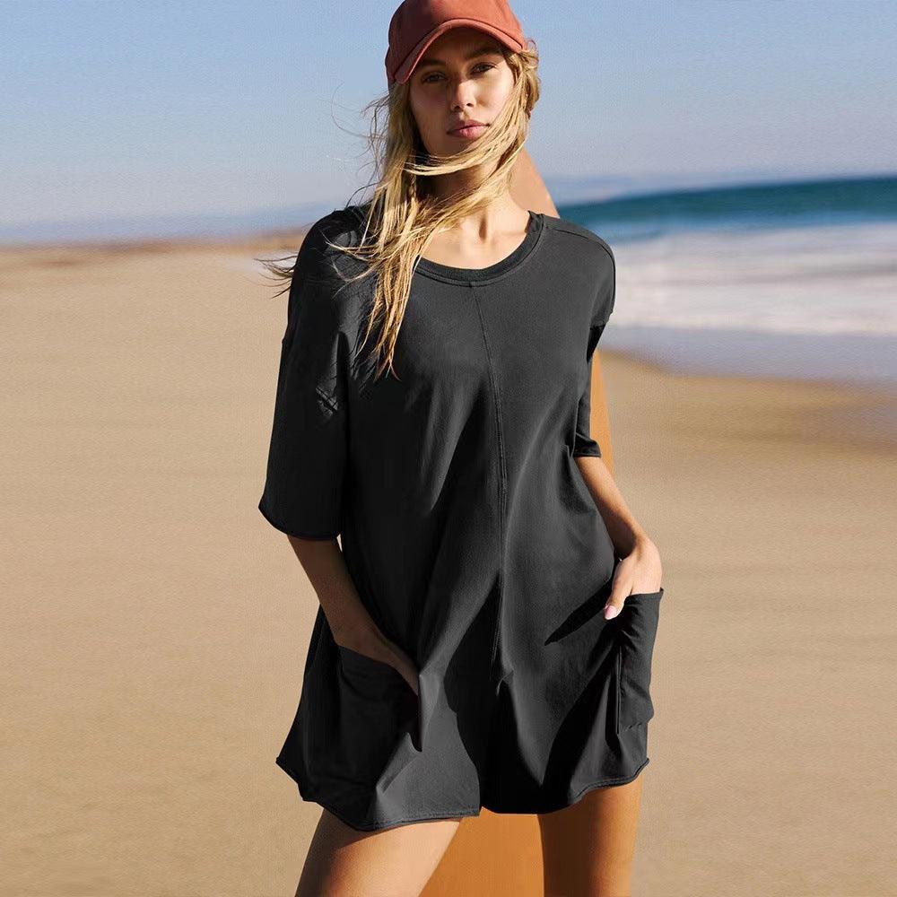 Women's Loose Short-sleeved Shorts Jumpsuit Summer Casual Backless Beach Overall Pants With Pockets - Hipster Collections