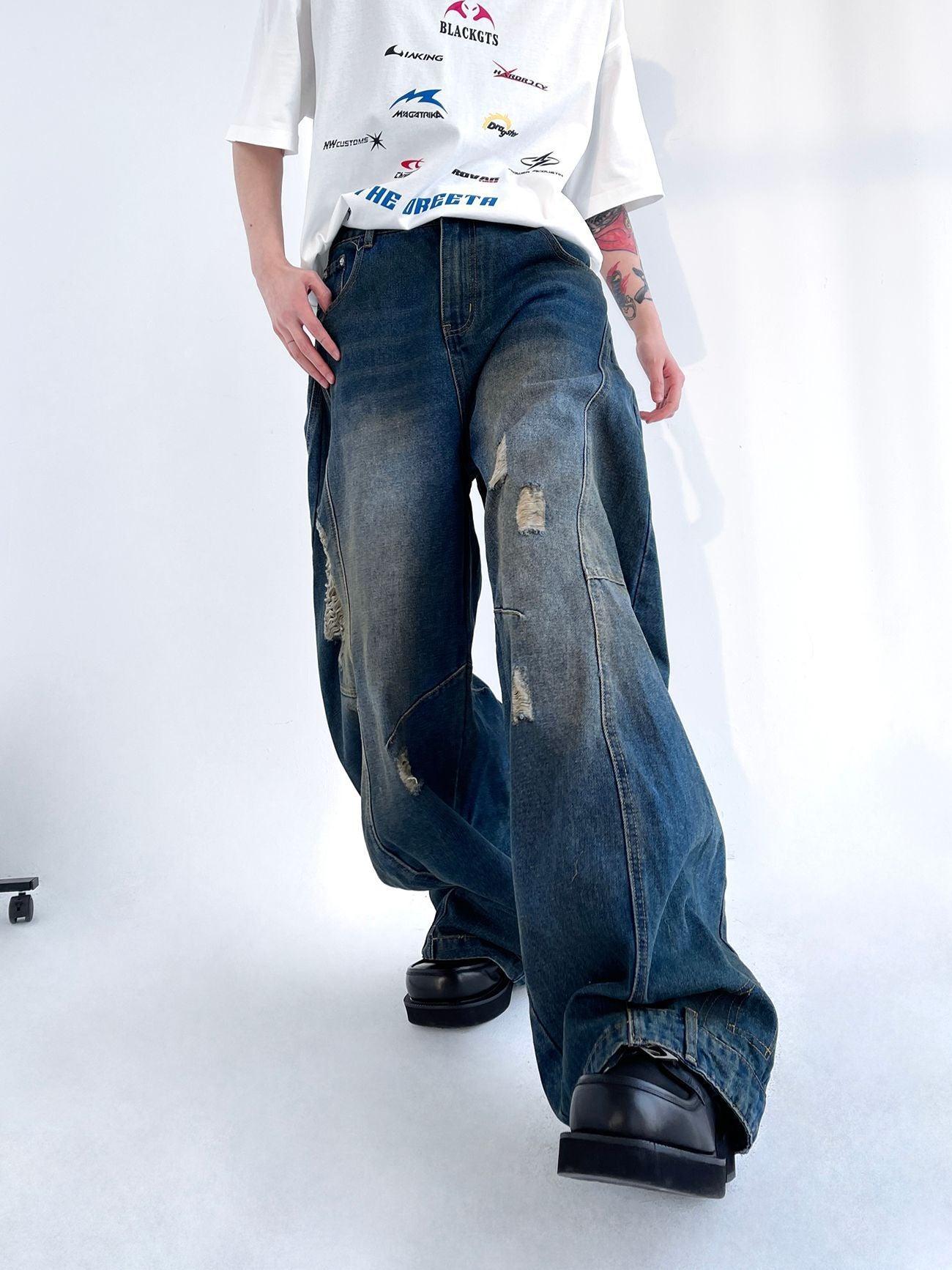 American Retro Washed Make Old Ripped Jeans Men's Summer Loose Straight - Hipster Collections