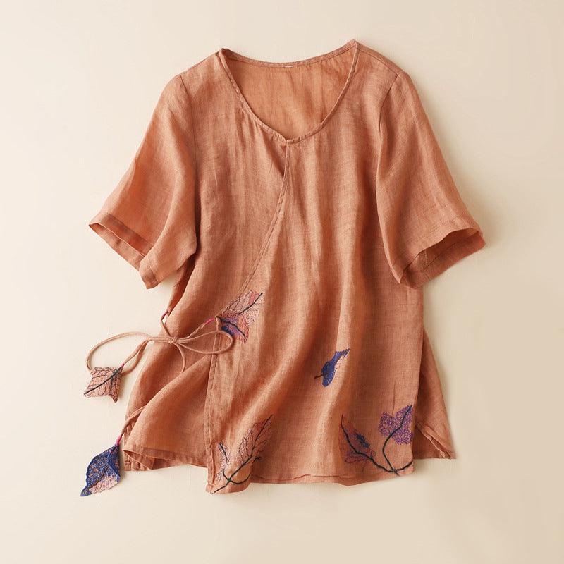 Retro Artistic Ramie Top Embroidery Tie-neck Loose Slimming Diagonal - Hipster Collections