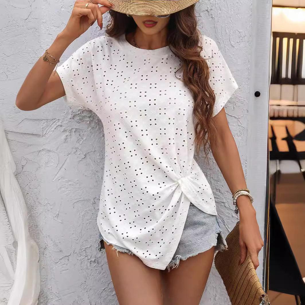 Fashion Casual Women's Solid Color Fresh Jacquard Pleated Round Neck T-shirt - Hipster Collections
