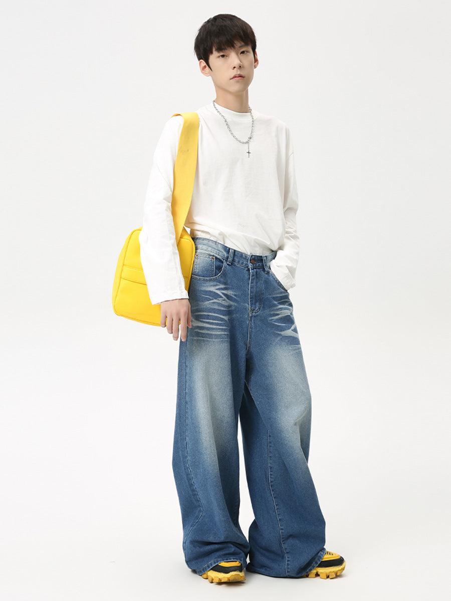 Maychao Washed Crease Vintage Draping Wide Leg Jeans - Hipster Collections