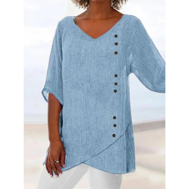 Blue Cotton Linen V-neck T-shirt Half Sleeve Shirt Loose Plus Size Women's Clothing - Hipster Collections