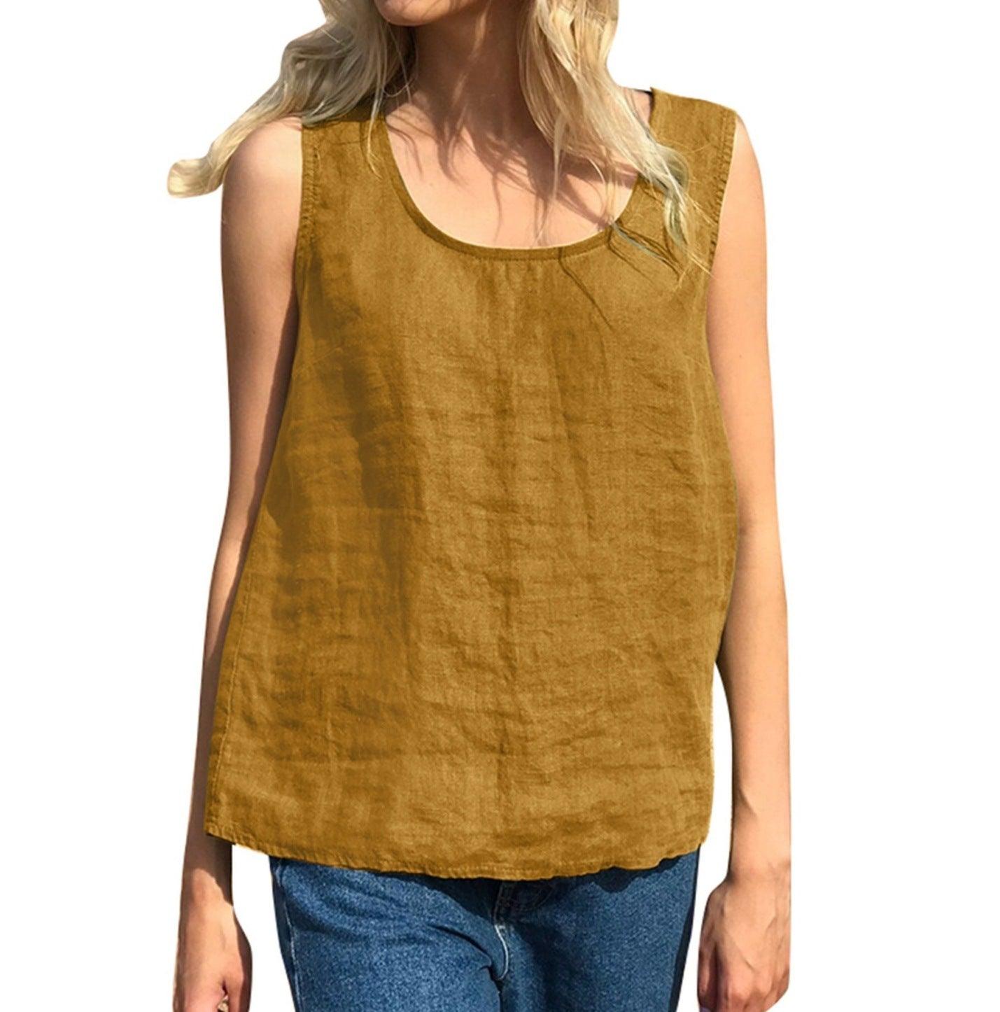 Women's Cotton And Linen Solid Color Sleeveless Top T Camisole - Hipster Collections