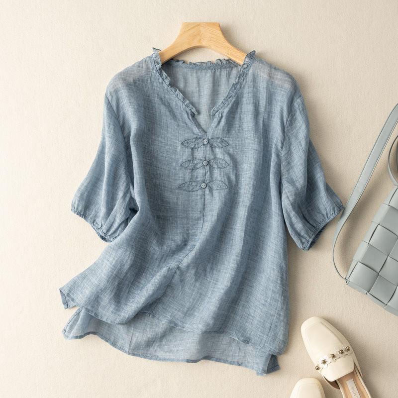 Cotton And Linen Embroidered V-neck Short Sleeve - Hipster Collections
