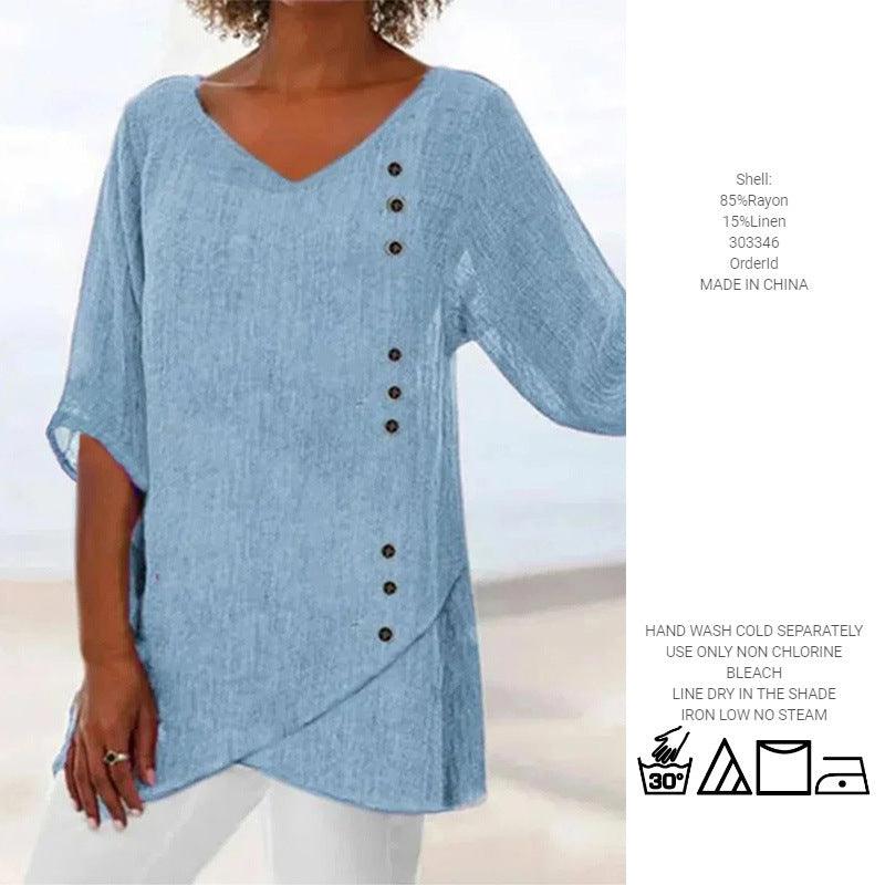 Blue Cotton Linen V-neck T-shirt Half Sleeve Shirt Loose Plus Size Women's Clothing - Hipster Collections