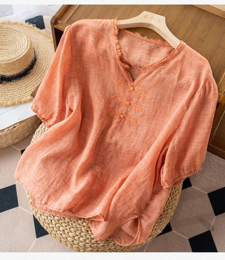 Cotton And Linen Embroidered V-neck Short Sleeve - Hipster Collections