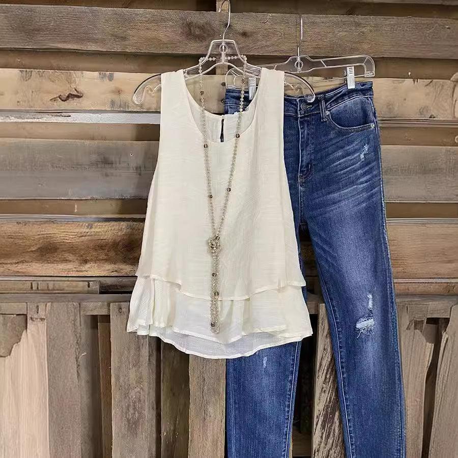 Women's Casual Vest Fake Two-piece Double-layer Cotton And Linen Sleeveless T-shirt - Hipster Collections