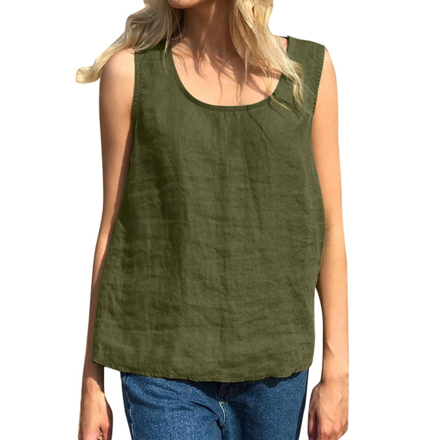 Women's Cotton And Linen Solid Color Sleeveless Top T Camisole - Hipster Collections