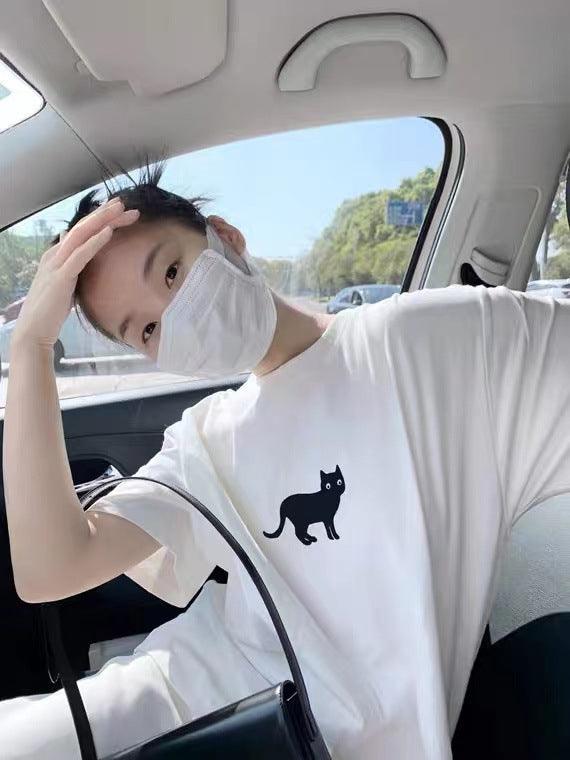 Black Cat Loose Short-sleeved T-shirt Women's Top - Hipster Collections